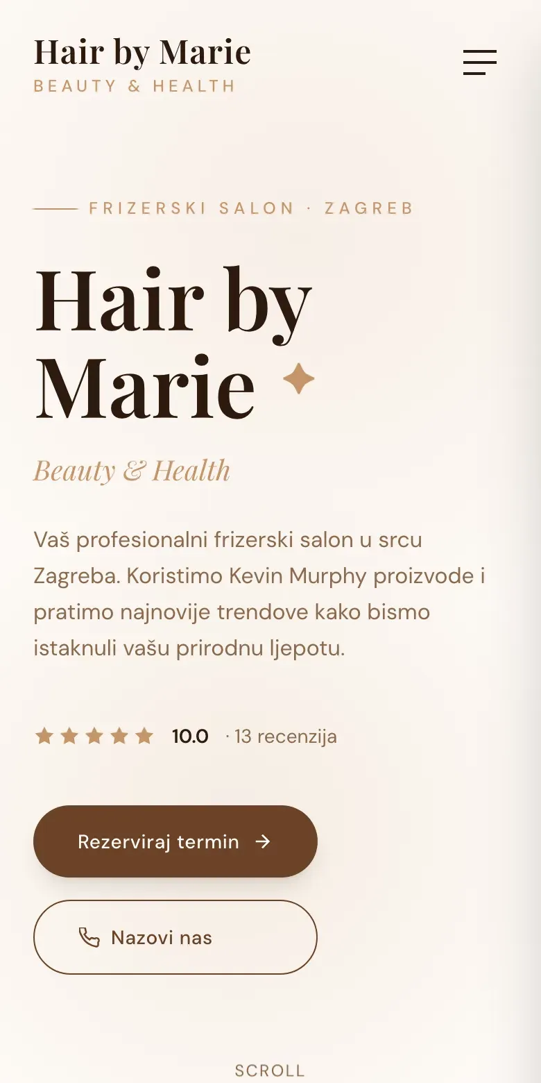 The Hair by Marie hero on a phone: the name in a large serif, an intro, a rating line, and a brown Rezerviraj termin button above a Nazovi nas button.