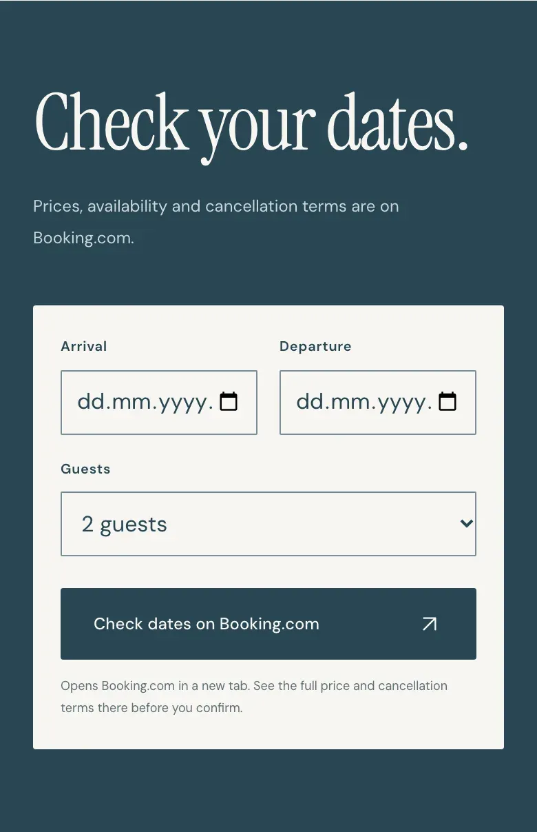 The 'Check your dates' section on a phone: arrival and departure fields, a guests menu and a 'Check dates on Booking.com' button, with a note that it opens Booking.com in a new tab.