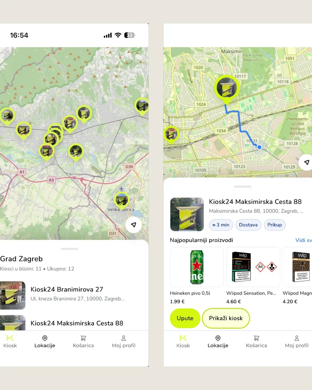 Two screens of the Kiosk24 map: all kiosks as yellow pins around Zagreb with a list of nearby kiosks below, and a route to Kiosk24 Maksimirska Cesta 88 with its details and popular products.