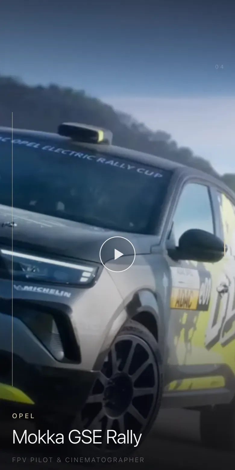 Mobile frame of the Mokka GSE Rally reel: the rally car fills the portrait screen with a play button and the title at the bottom.