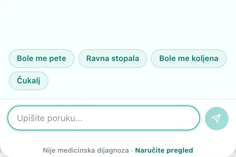 Bottom of the chat panel: a message input with a send button, and under it the permanent line Nije medicinska dijagnoza · Naručite pregled.