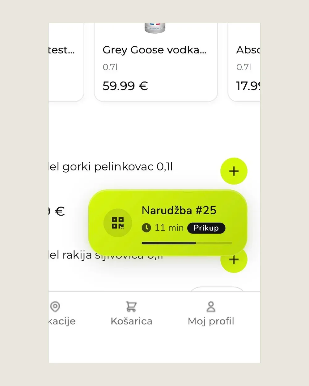 The live order widget in the Kiosk24 app: a lime card reading Order 25, 11 minutes, Pickup, with a QR icon and a progress bar, floating over a product list.