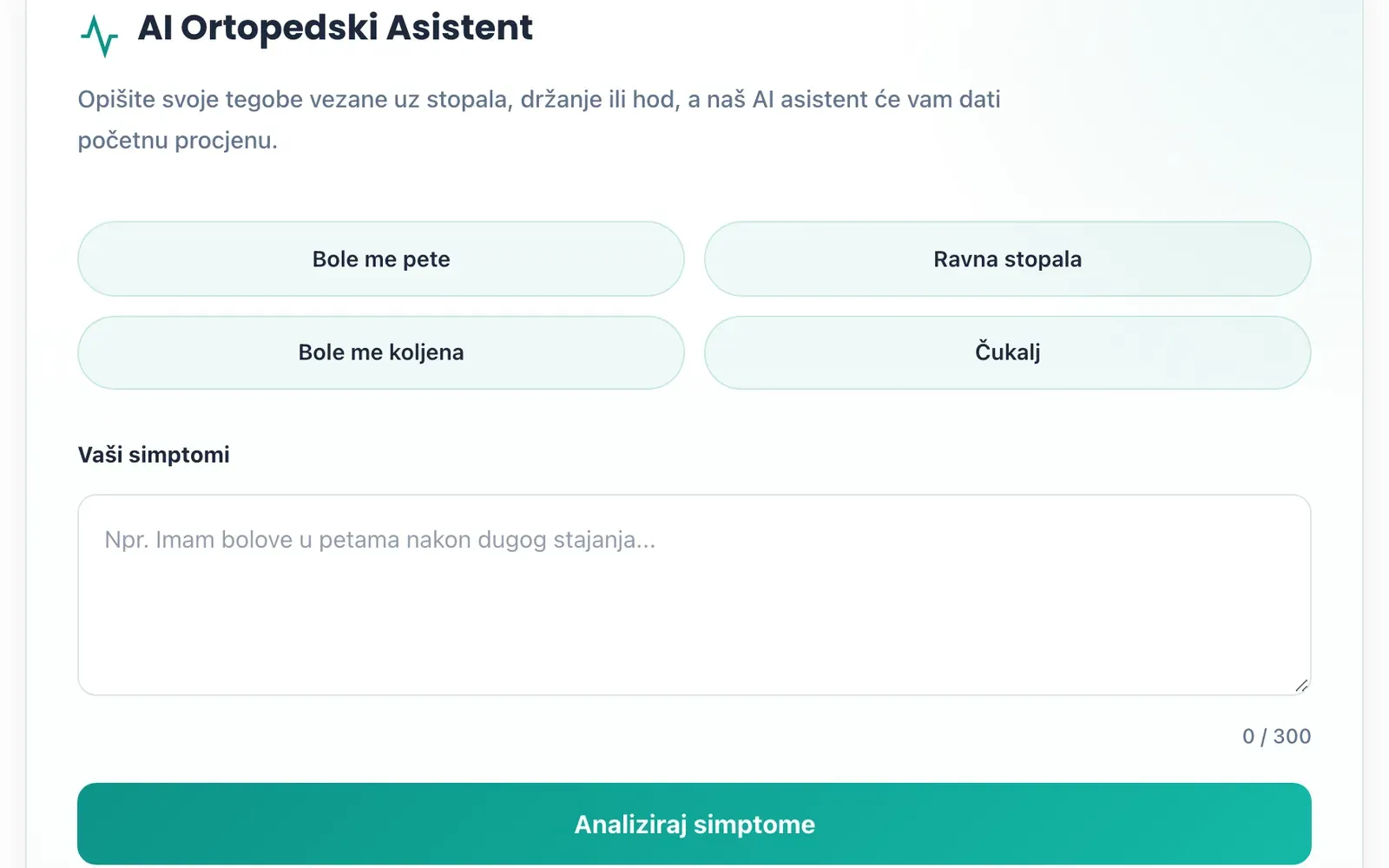 The inline AI assistant card on the diagnostics page: the same four starter chips, a symptoms text box, a green Analiziraj simptome button and a note that this is not a medical diagnosis.