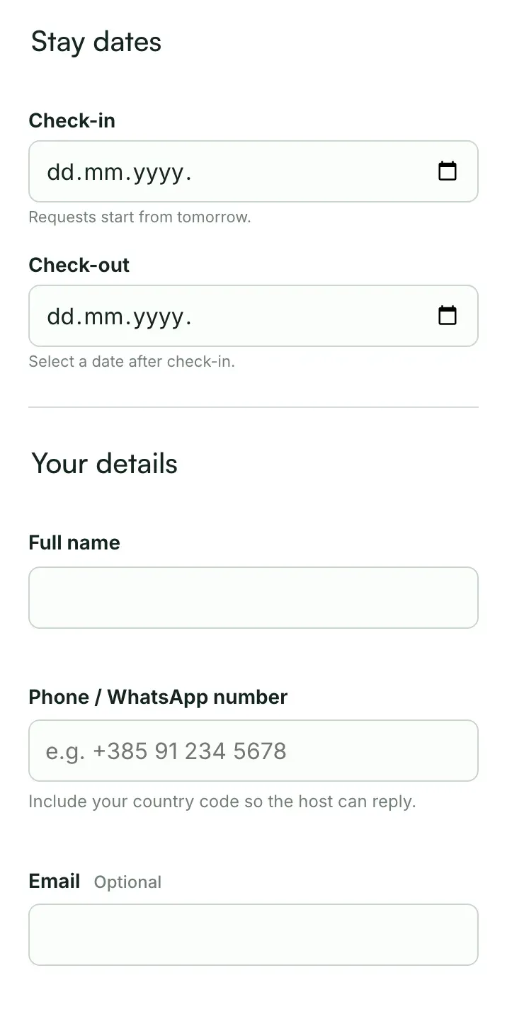 The request form on a phone: Stay dates with check-in and check-out fields, then Your details with name, phone and email.