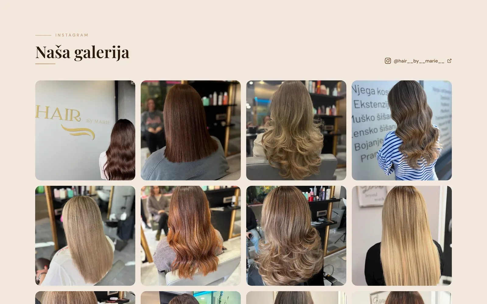 The salon gallery section: a grid of photos of long hair seen from behind, in blonde, brown and copper tones.
