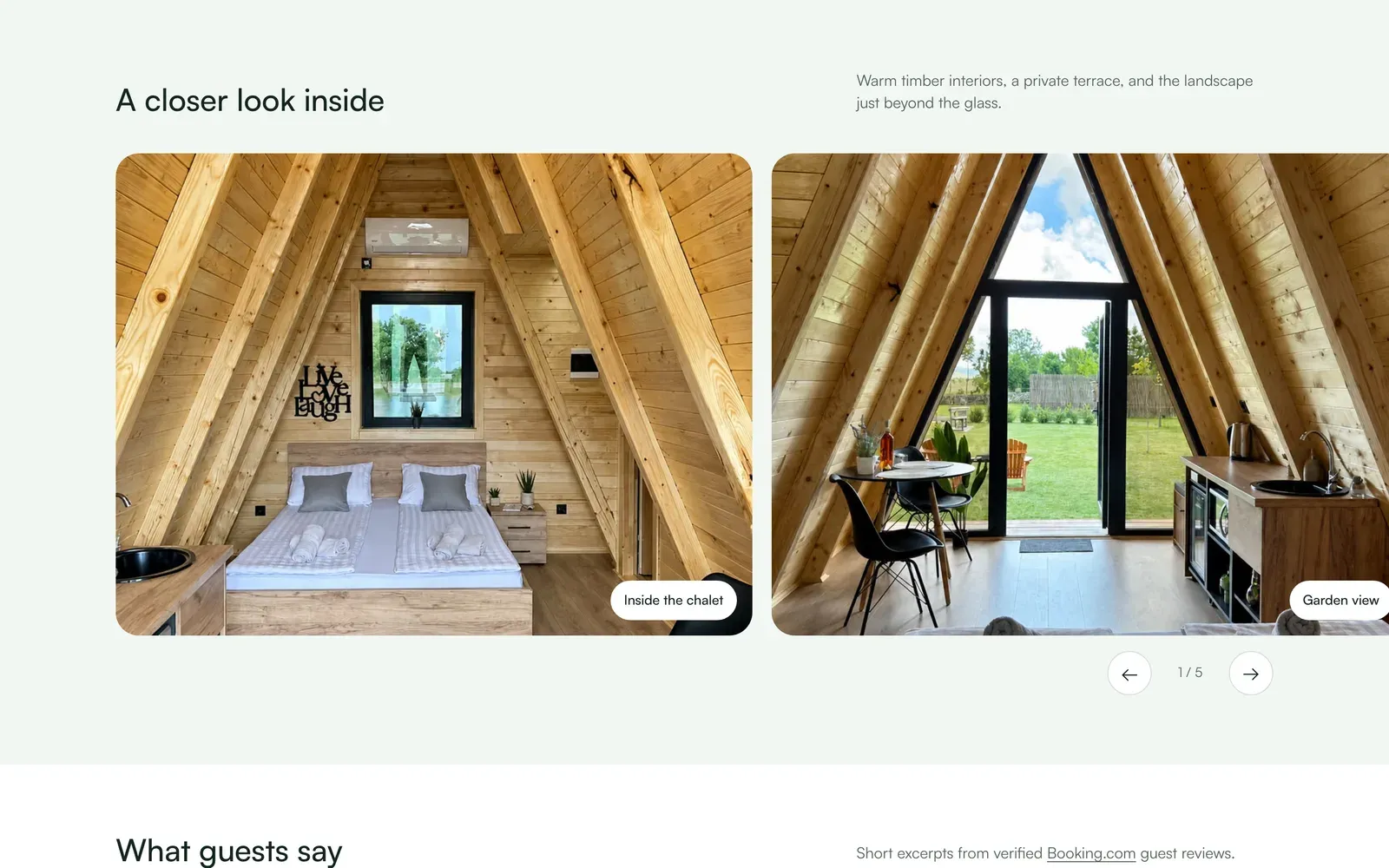 The Closer look inside section: two photos of the chalet interior, a bed under a wooden A-frame ceiling and a dining table before a glass wall.