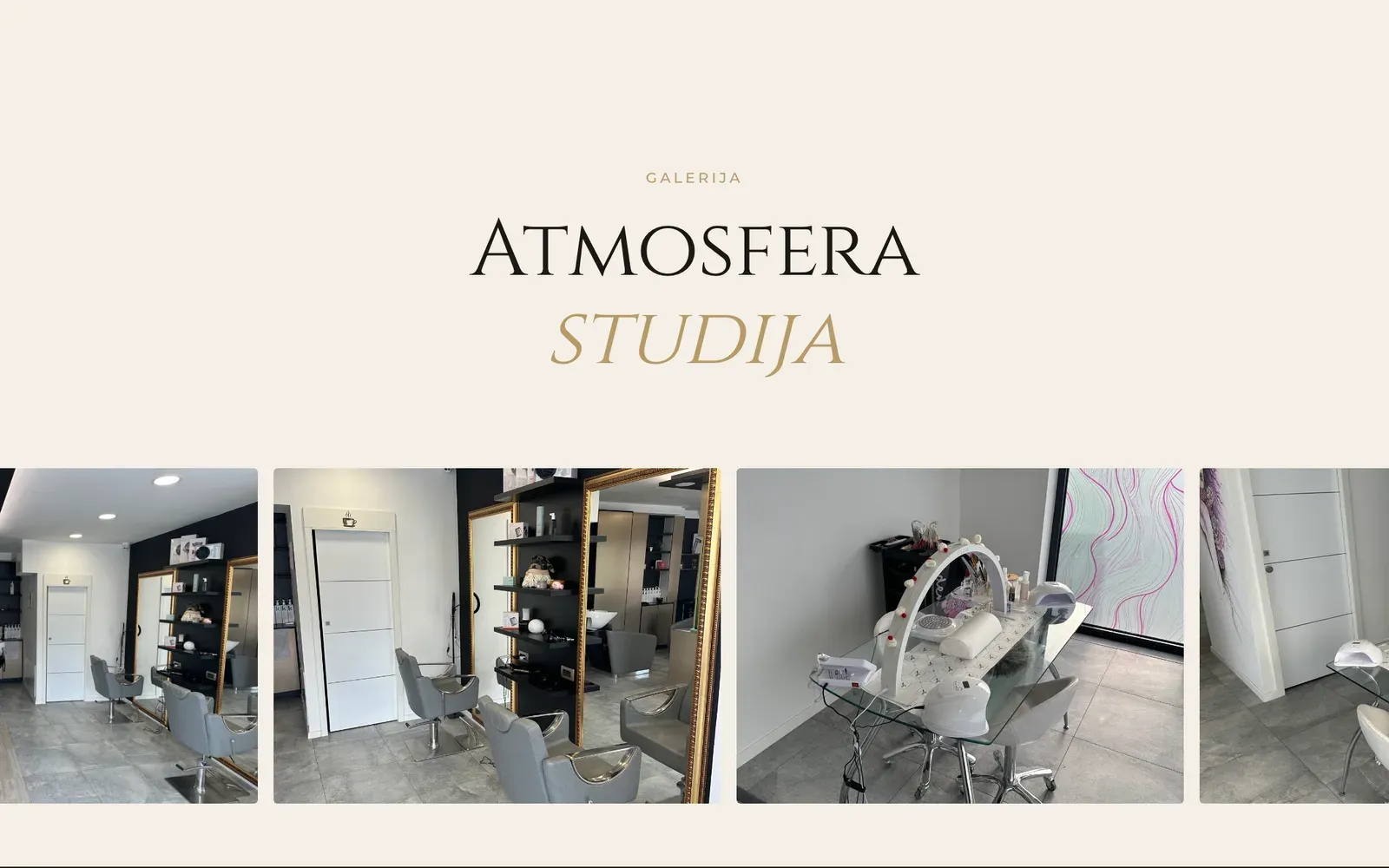 The gallery section on a cream background: the heading Atmosfera studija above a row of photos of the empty studio, with chairs, a mirror and a treatment table.