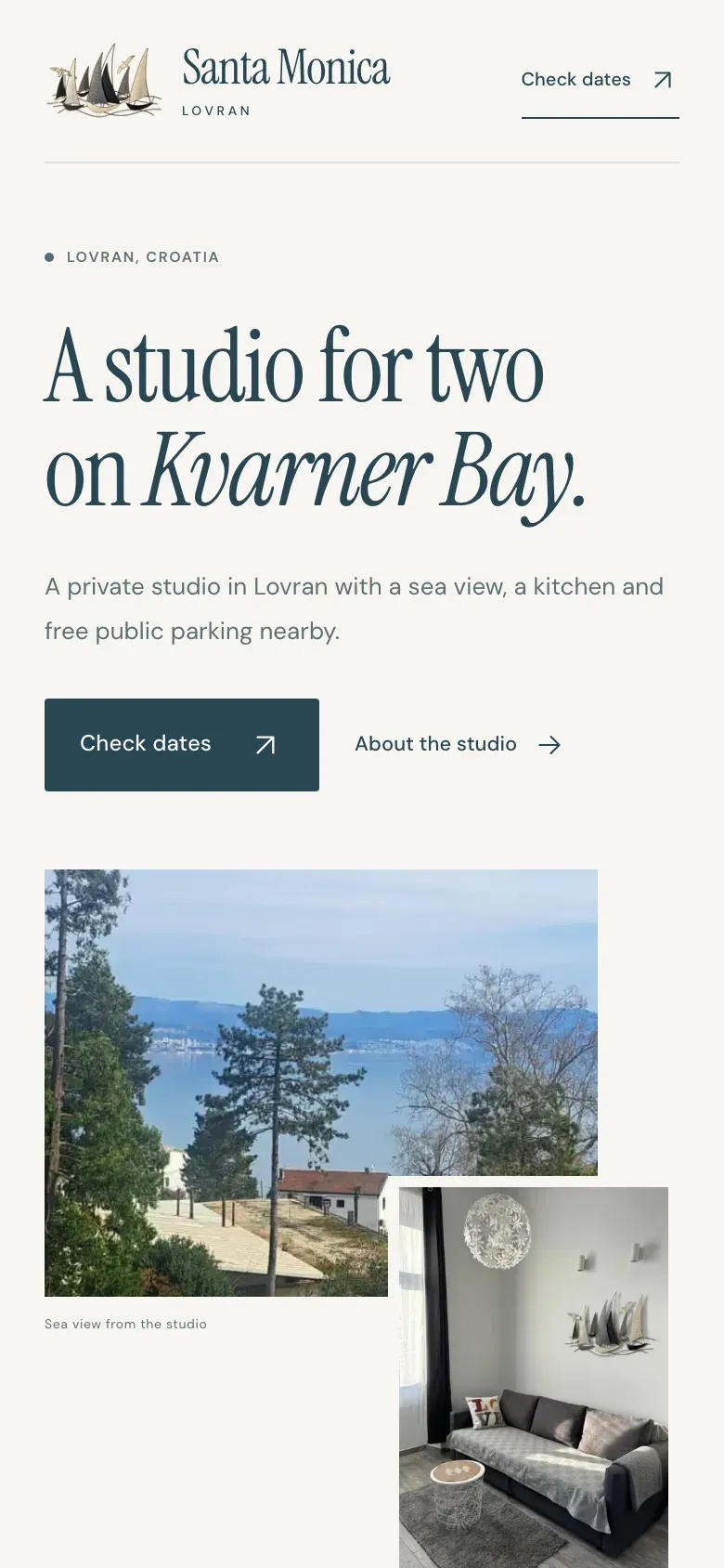 The home page on a phone: the headline 'A studio for two on Kvarner Bay', a Check dates button, and the sea-view photo with the living-area photo overlapping it.