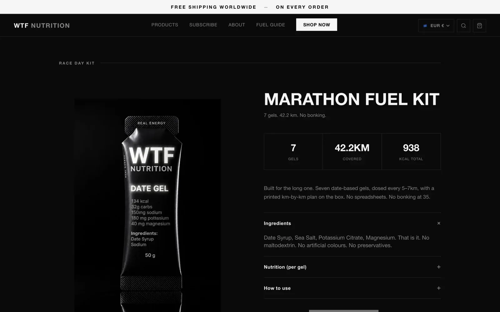 The Marathon Fuel Kit page: a black gel pouch labelled WTF Nutrition Date Gel beside seven gels, 42.2 kilometres, 938 kilocalories and collapsible ingredients.