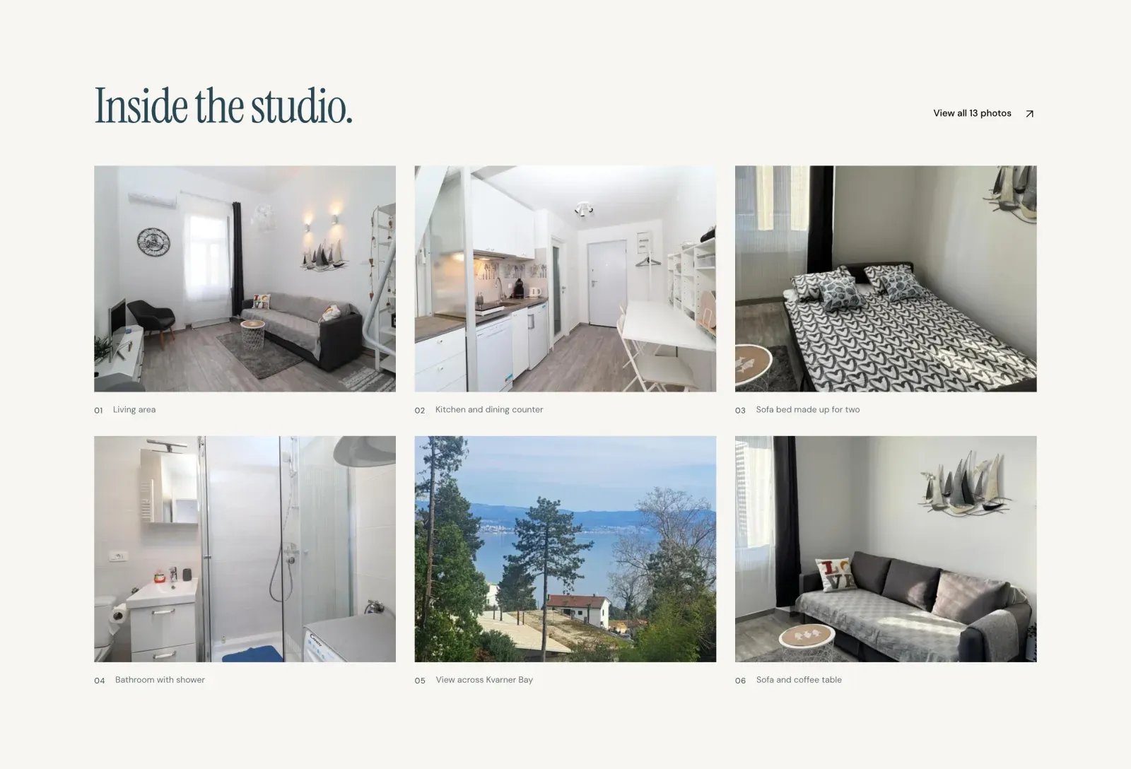 The 'Inside the studio' section: six numbered photos with captions: living area, kitchen and dining counter, sofa bed made up for two, bathroom with shower, view across Kvarner Bay, and sofa and coffee table.