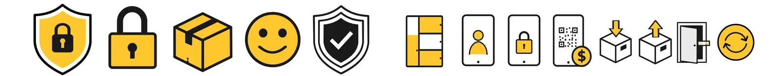 A row of Locker24 pictograms: a shield with a lock, a padlock, a parcel, a smiley, a shield with a check mark, then the step icons for locker size, phone number, password, QR payment, store, collect and close, and a reopen symbol.