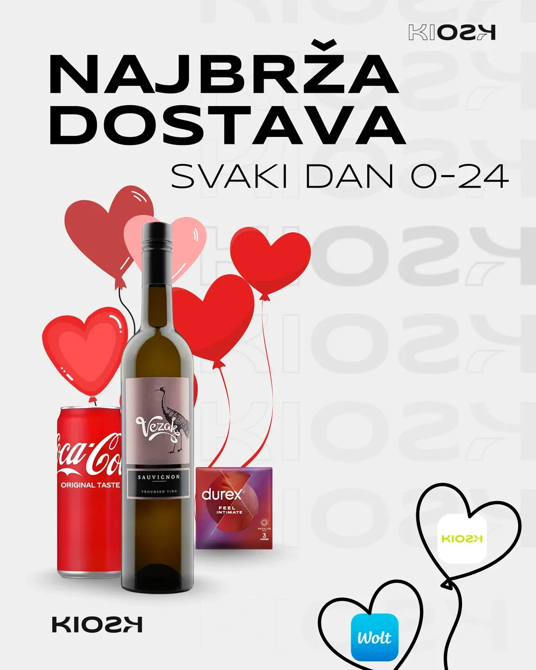 A Kiosk24 Valentine's post: 'Najbrža dostava svakog dana 0-24' (fastest delivery every day, 0 to 24) with a wine bottle, cola, balloons and the Wolt logo.