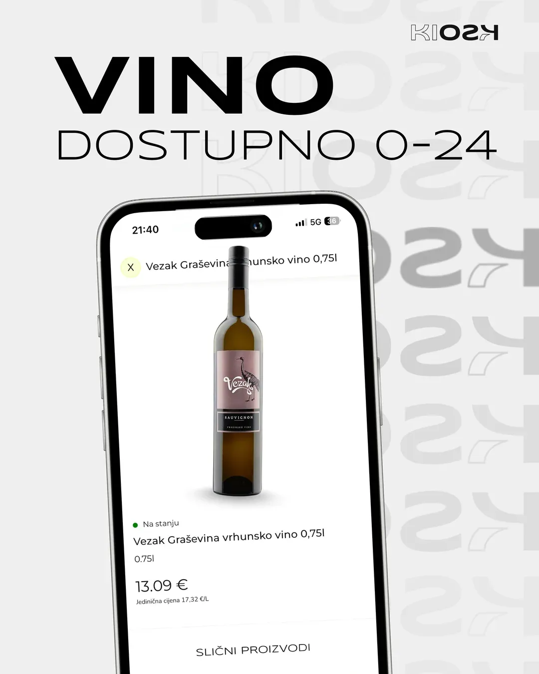 A Kiosk24 post: 'Vino dostupno 0-24' (wine available 0 to 24) with a phone showing a wine page in the app.