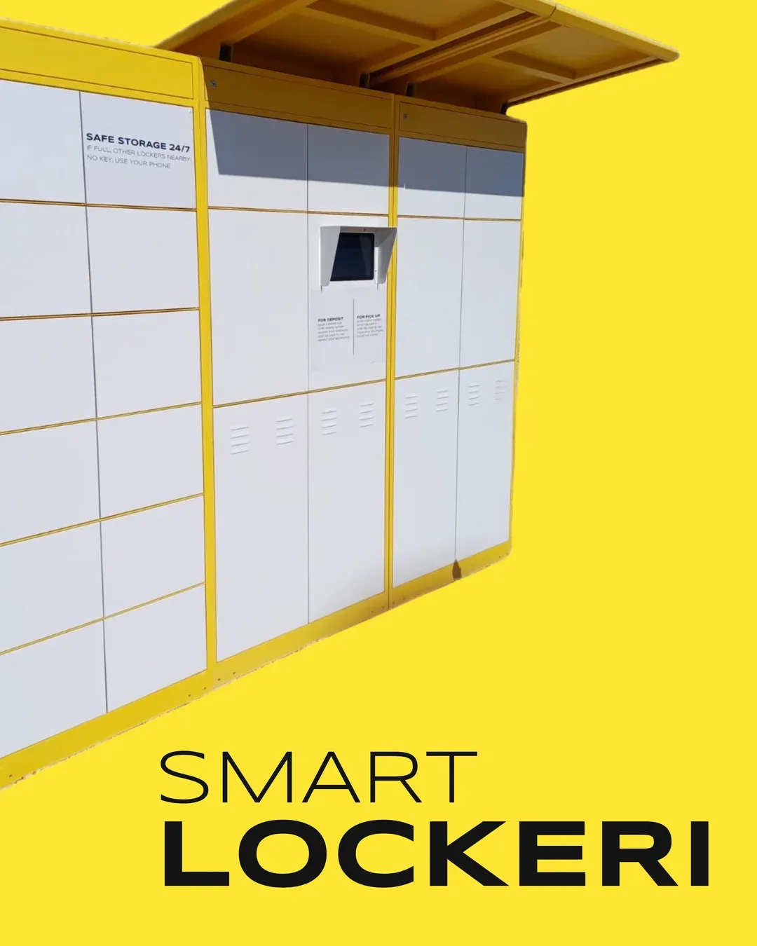 A yellow post with the doors of a smart locker and the words 'Smart lockeri' (smart lockers).