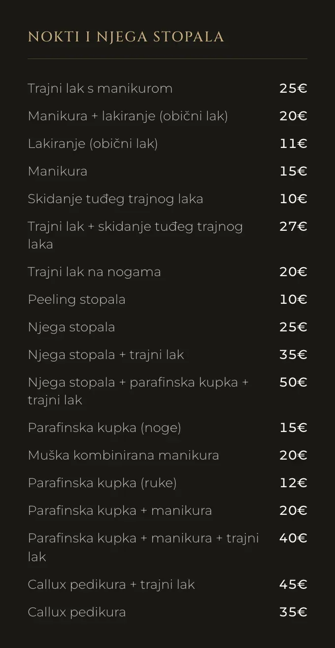 A price list on a phone for nails and foot care: services in white on the left, euro prices right-aligned, from 11 to 50 euros.