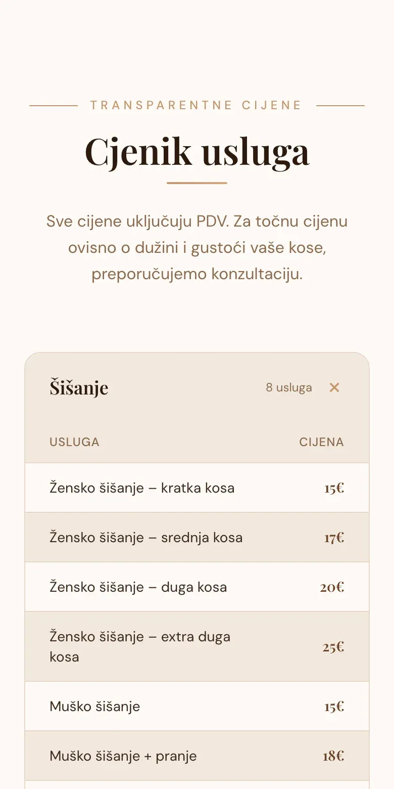The same price list on a phone: the Šišanje group opened, with services on the left and prices right-aligned.