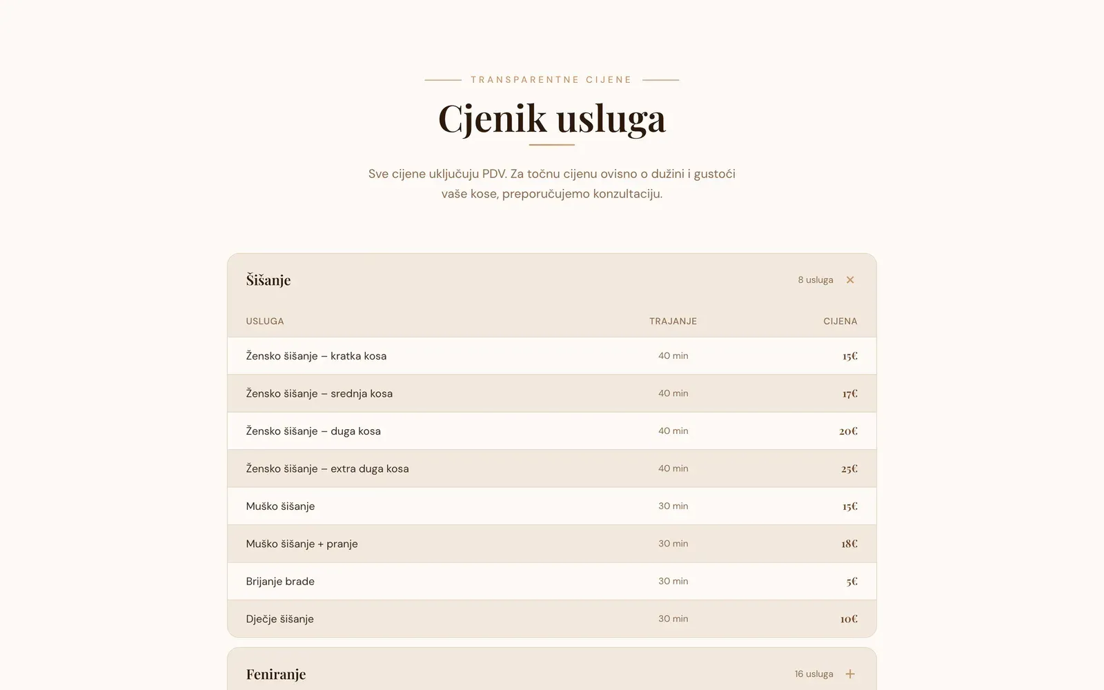 The Cjenik usluga price table on cream: a Šišanje group opened to show cut services with duration and price in euros.