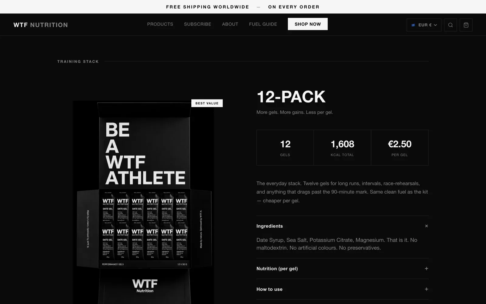The 12-pack product page: a black box reading 'Be a WTF athlete' beside the price per gel, key numbers (12 gels, 1,608 kcal, 2.50 euro per gel) and collapsible ingredients, nutrition and usage.