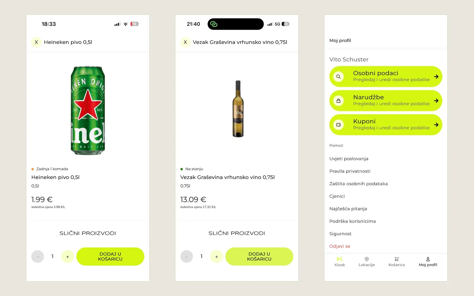 Three Kiosk24 app screens: a product page for a beer, a product page for a wine, and the profile menu with lime action rows.