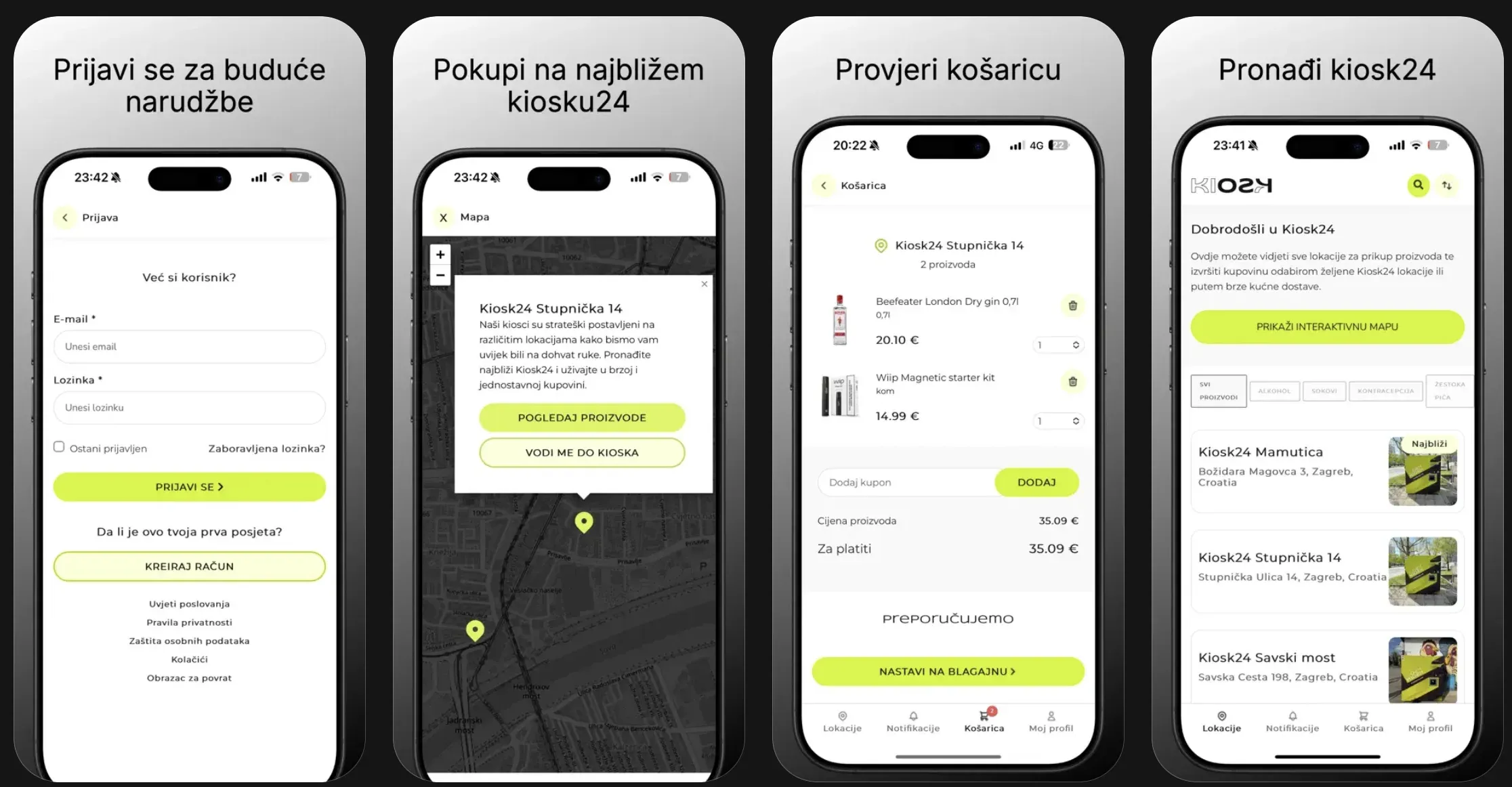 Four earlier Kiosk24 app screens in phone frames with Croatian captions: a sign-in form, a dark map with a kiosk pop-up, a cart, and a home screen listing kiosks.