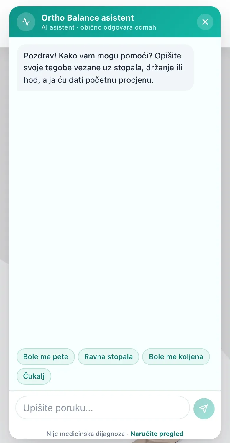 The Ortho Balance chat panel on a phone, filling the screen width: greeting, four chips, input row and the not-a-diagnosis line at the bottom.