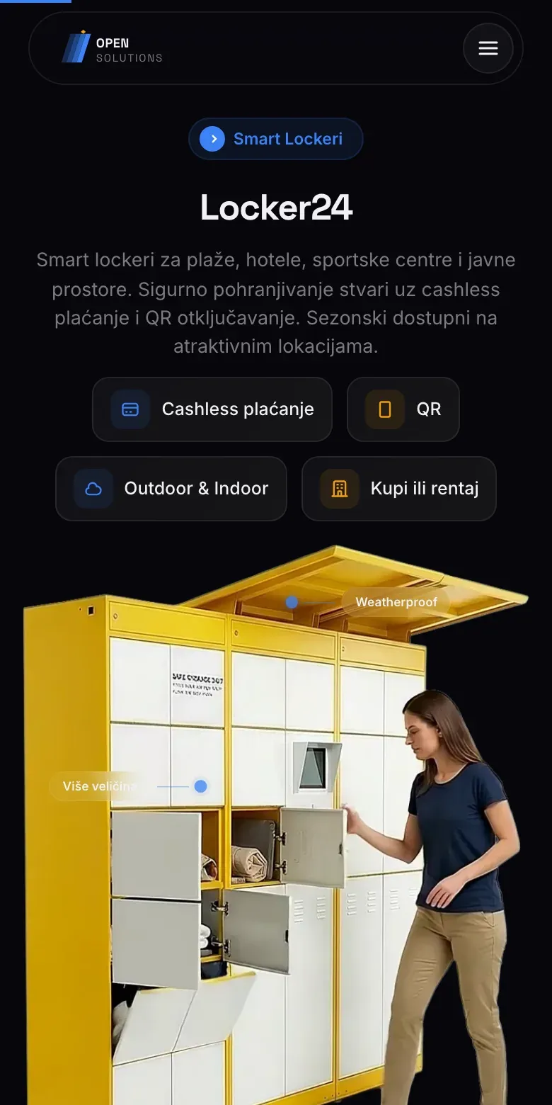 The Locker24 section on a phone: the product name, a row of feature chips and the yellow and white locker with a woman using it.
