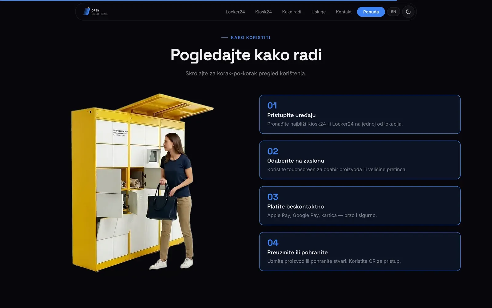 The how-it-works section of the Open Solutions site: a locker with a woman holding a bag on the left and four numbered steps in outlined blue cards on the right.
