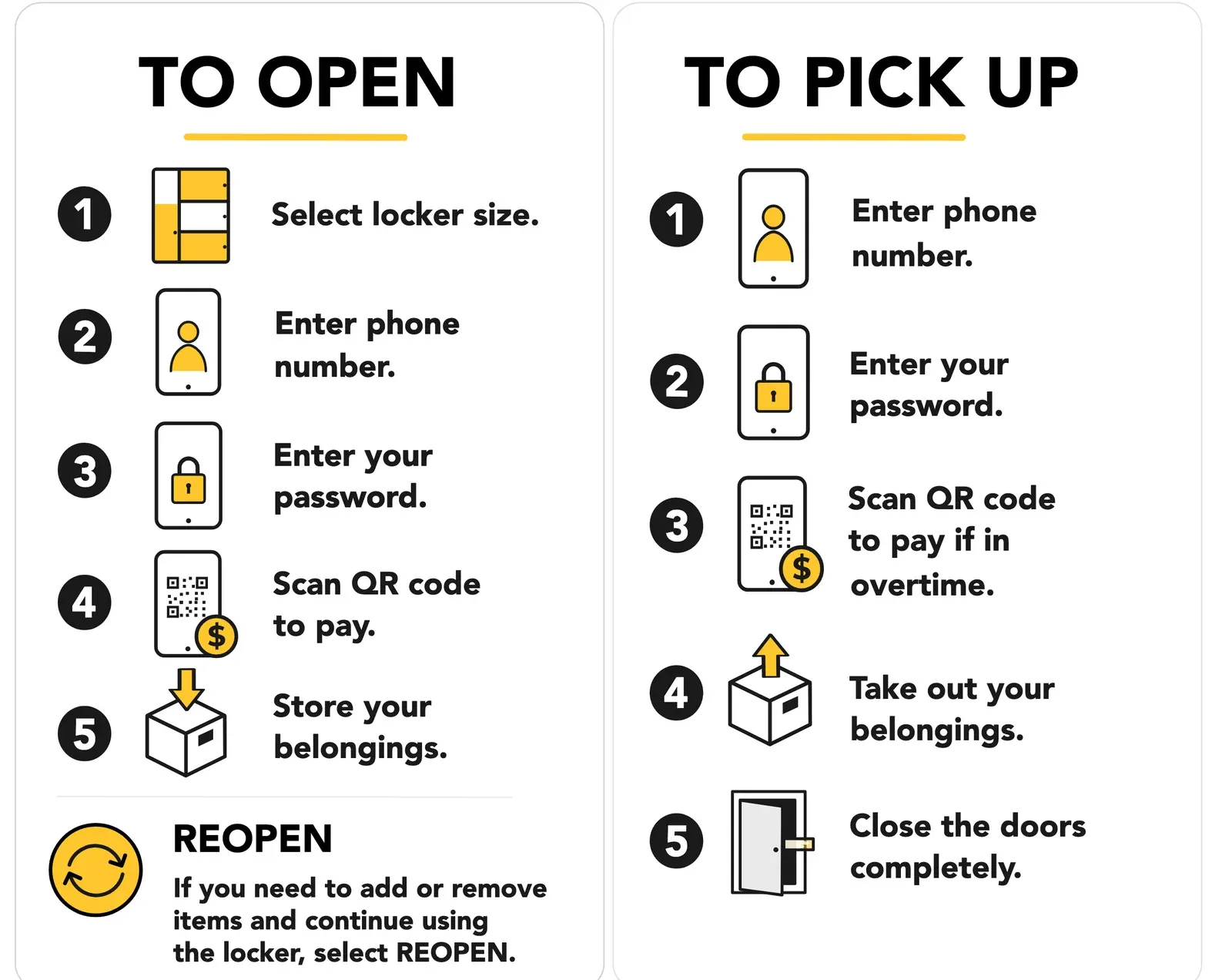 Two Locker24 instruction panels. To open: select locker size, enter phone number, enter password, scan QR code to pay, store your belongings, then a reopen note. To pick up: enter phone number, enter password, scan QR code to pay if in overtime, take out your belongings, close the doors completely.